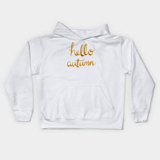 Hello Autumn, Pretty Script Calligraphy Handwritten Orange Design on a white backdrop, made by EndlessEmporium Kids Hoodie